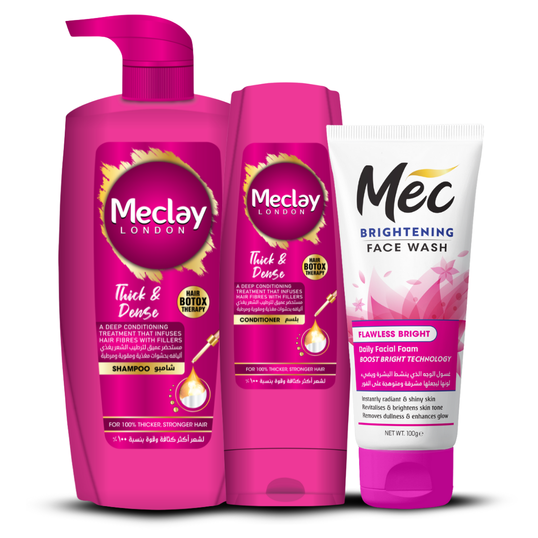 (FREE DELIVERY) Meclay London Thick & Dense Shampoo 660ml With Conditioner 180ml + Mec Flawless White Face Wash Pair Box (Save Rupees 250)