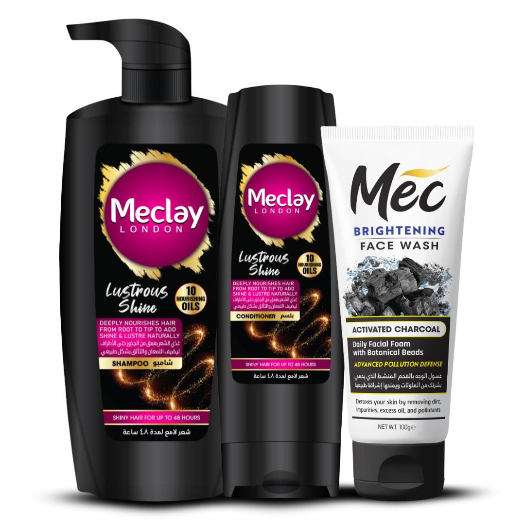 (FREE DELIVERY) Meclay London Lustrous Shine Shampoo 660ml With Conditioner 180ml + Mec Activated Charcoal Face Wash Pair Box (Save Rupees 250)