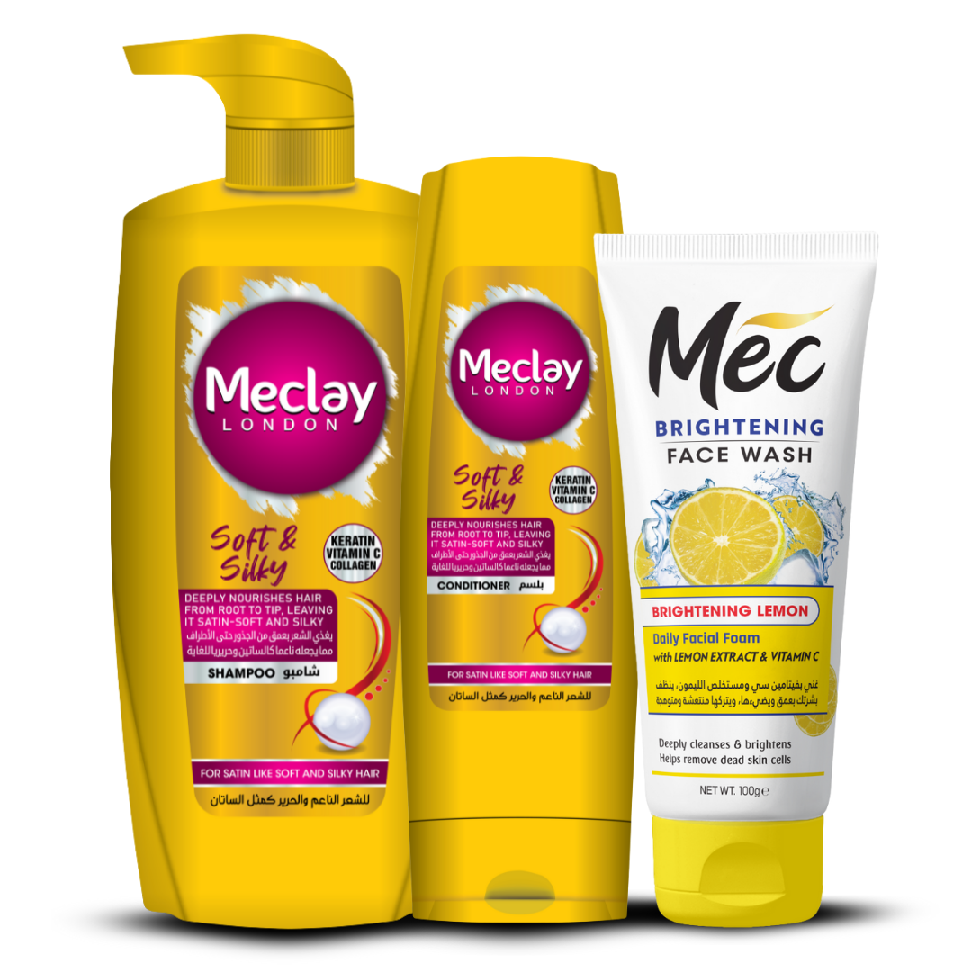 (FREE DELIVERY) Meclay London Soft & Silky Shampoo 660ml With Conditioner 180ml + Mec Brightening Lemon Face Wash Pair Box (Save Rupees 250)