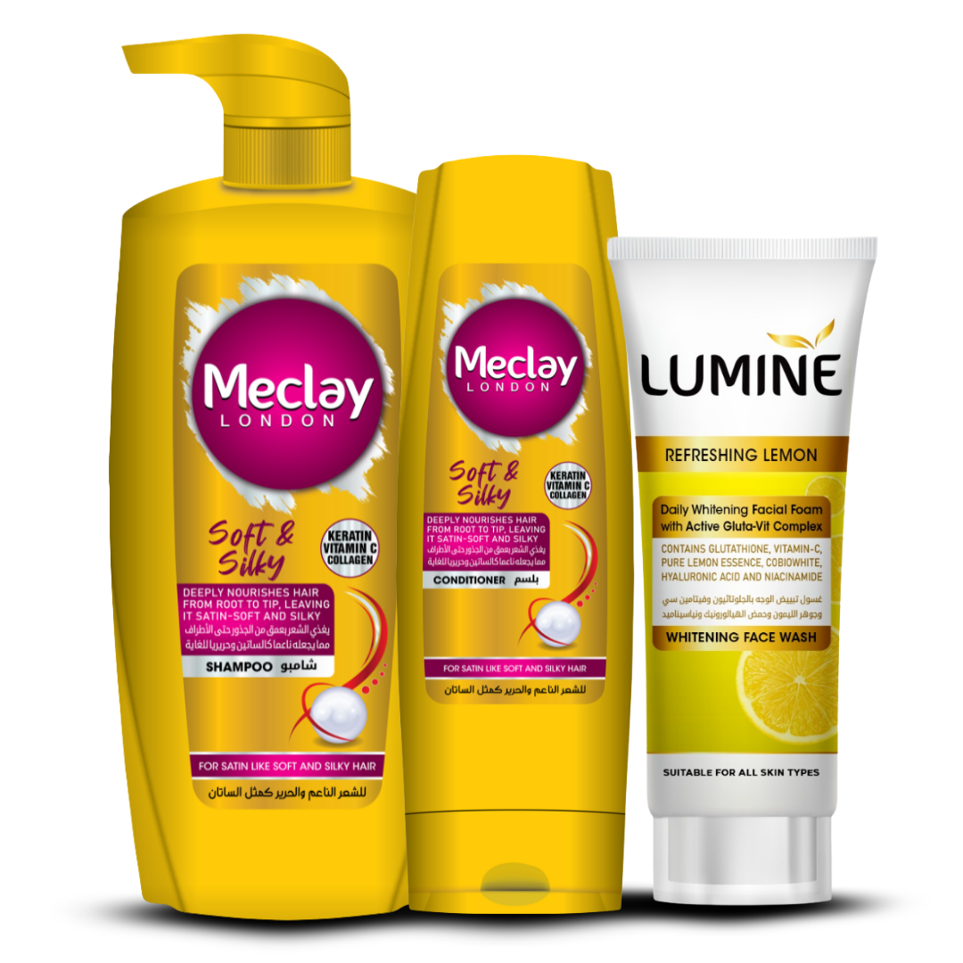 (FREE DELIVERY) Meclay London Soft & Silky Shampoo 660ml With Conditioner 180ml + Lumine Refreshing Lemon Face Wash Pair Box (Save Rupees 250)