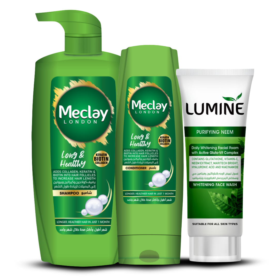 (FREE DELIVERY) Meclay London Long & Healthy Shampoo 660ml With Conditioner 180ml + Lumine Purifying Neem Face Wash Pair Box (Save Rupees 250)