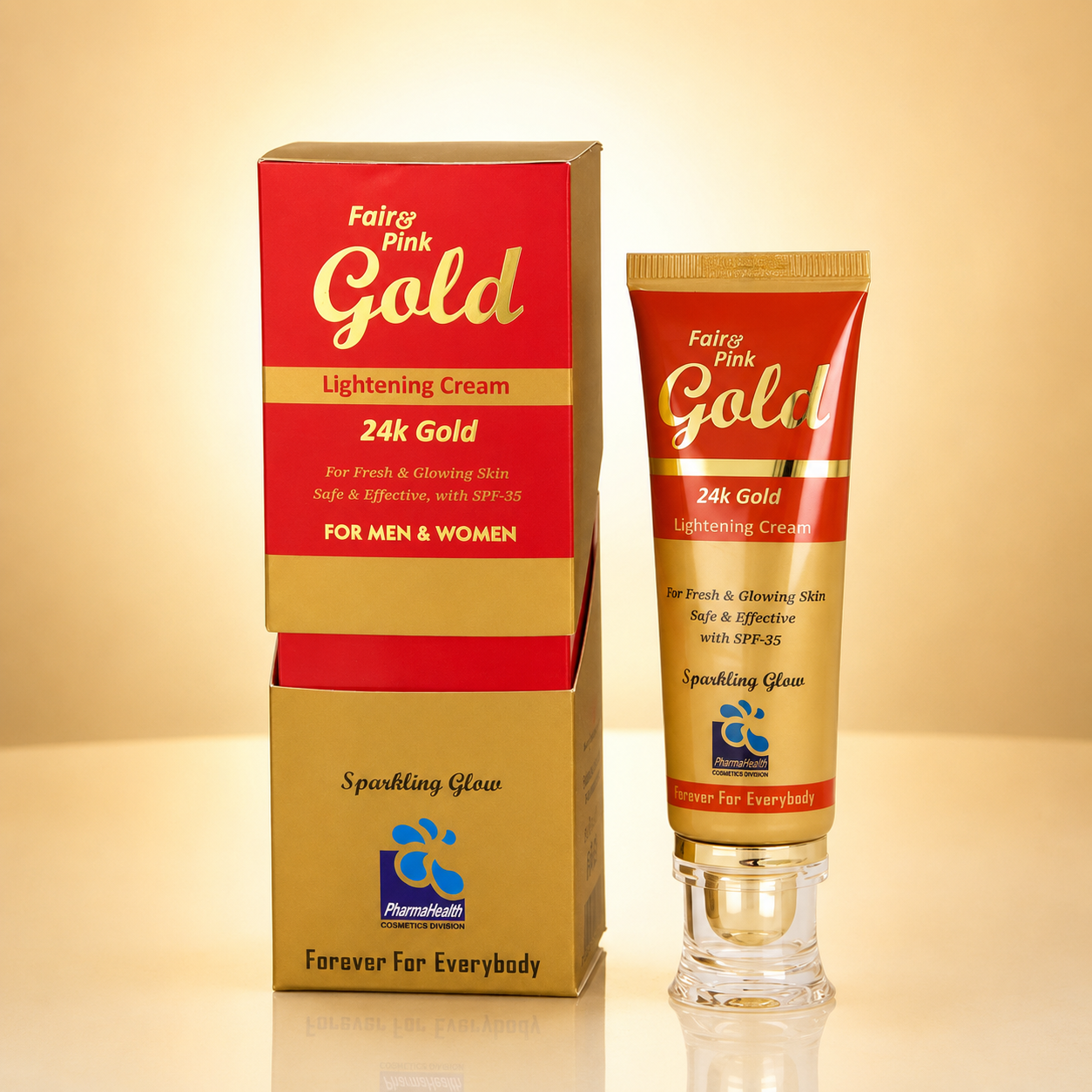 Fair & Pink Gold Lightening Cream 24k Gold tube and its packaging box on a reflective beige surface. The packaging features red and gold colors with the brand name Fair and Pink Gold and the sub-brand name Sparkling Glow.