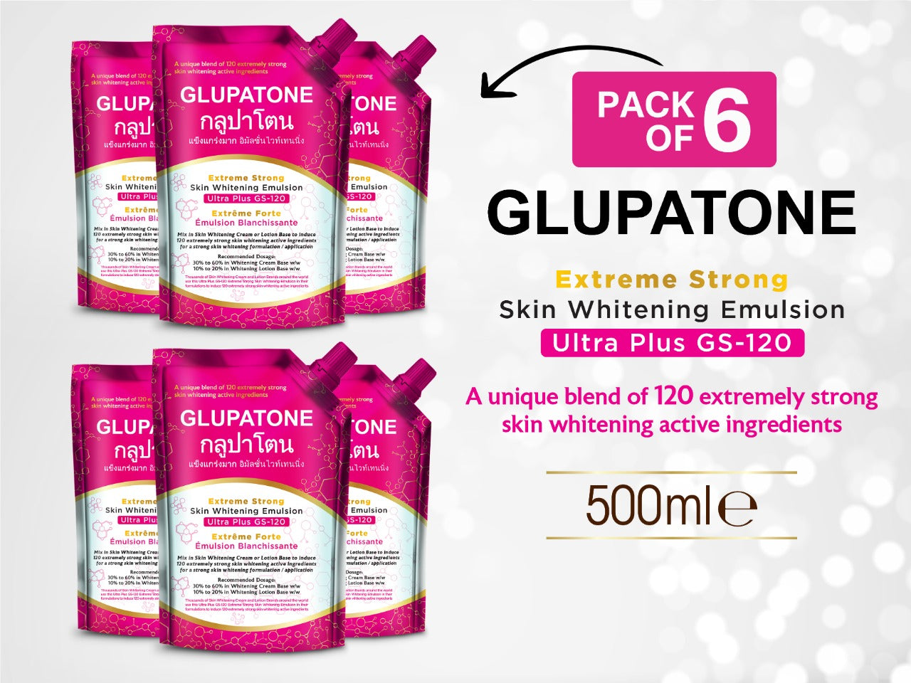 Glupatone Extreme Strong Whitening Emulsion Ultra Plus GS-120 For Face & Body 500ml (Pack Of 6)